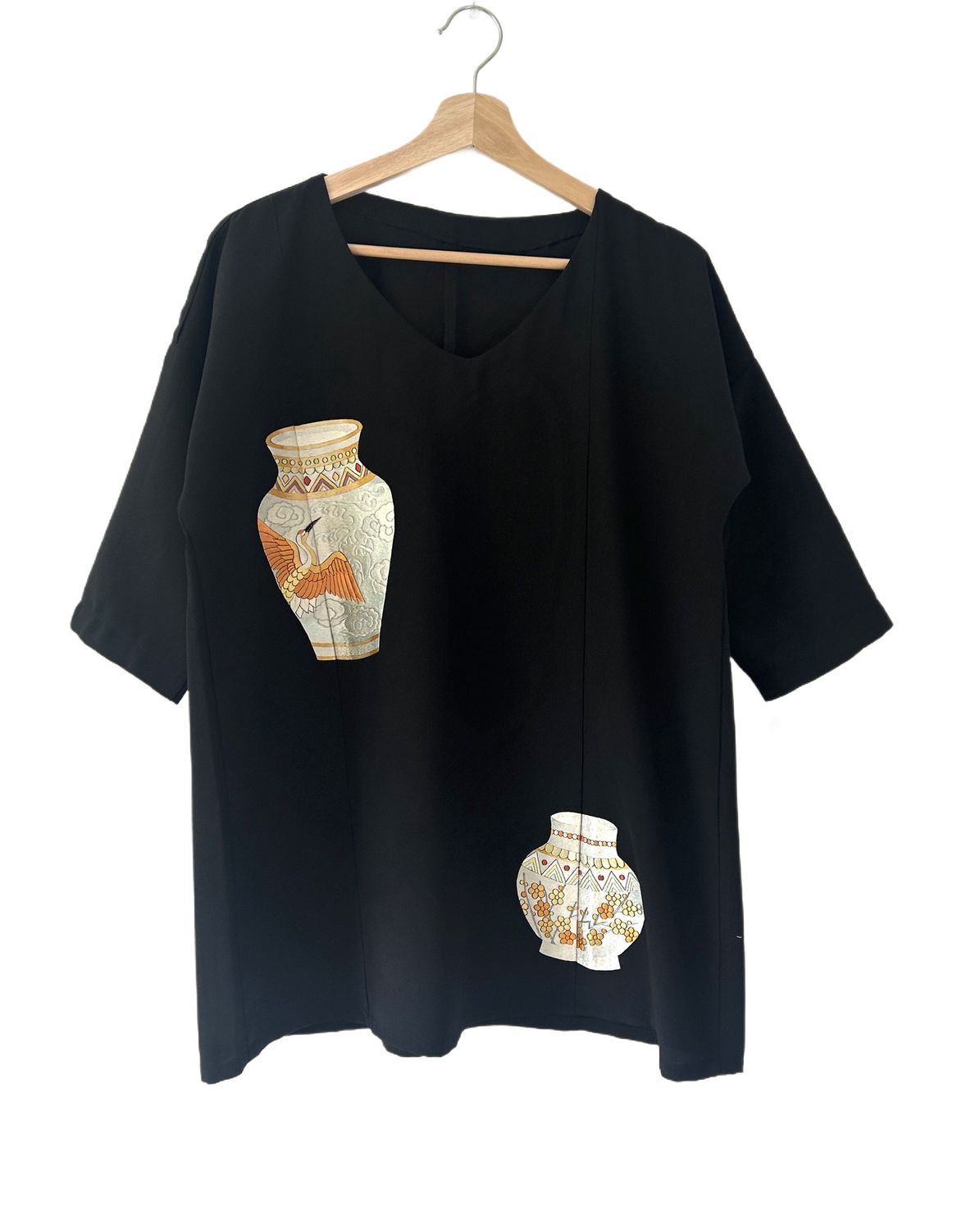 Upcycled V-neck Silk Blouse – Embroidered Urn Motif