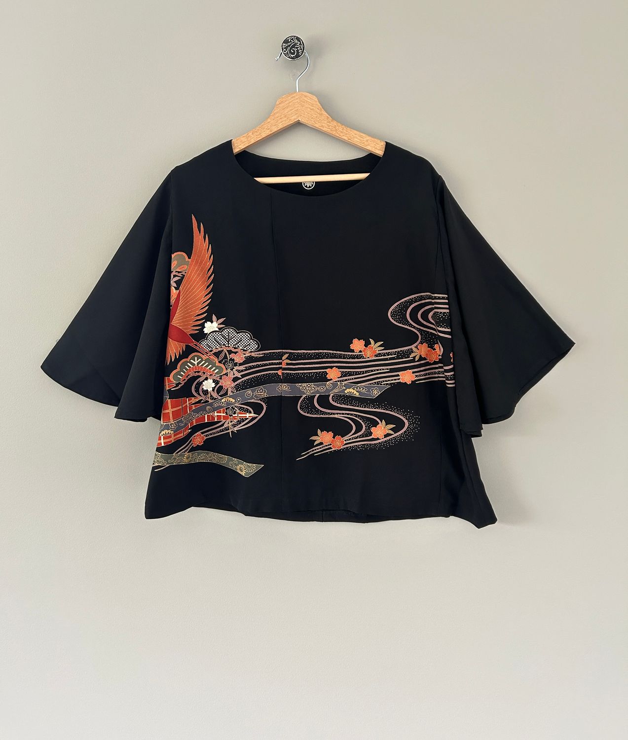 Upcycled Kimono Silk Blouse – Golden Phoenix &amp; Flowing Sakura