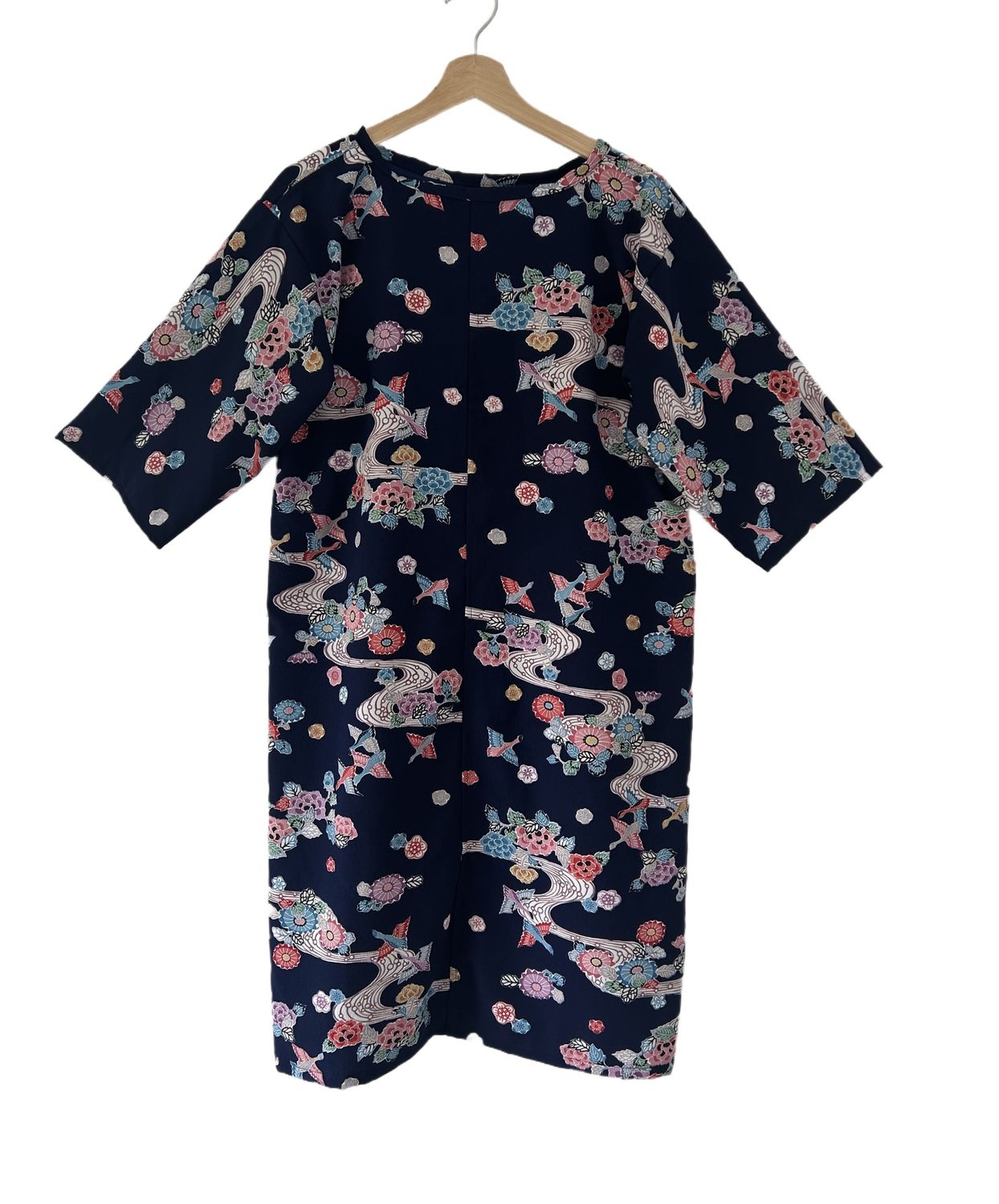 Upcycled Silk Kimono Tunic Dress with Scarf/Sash - Navy/Birds &amp; Blossoms