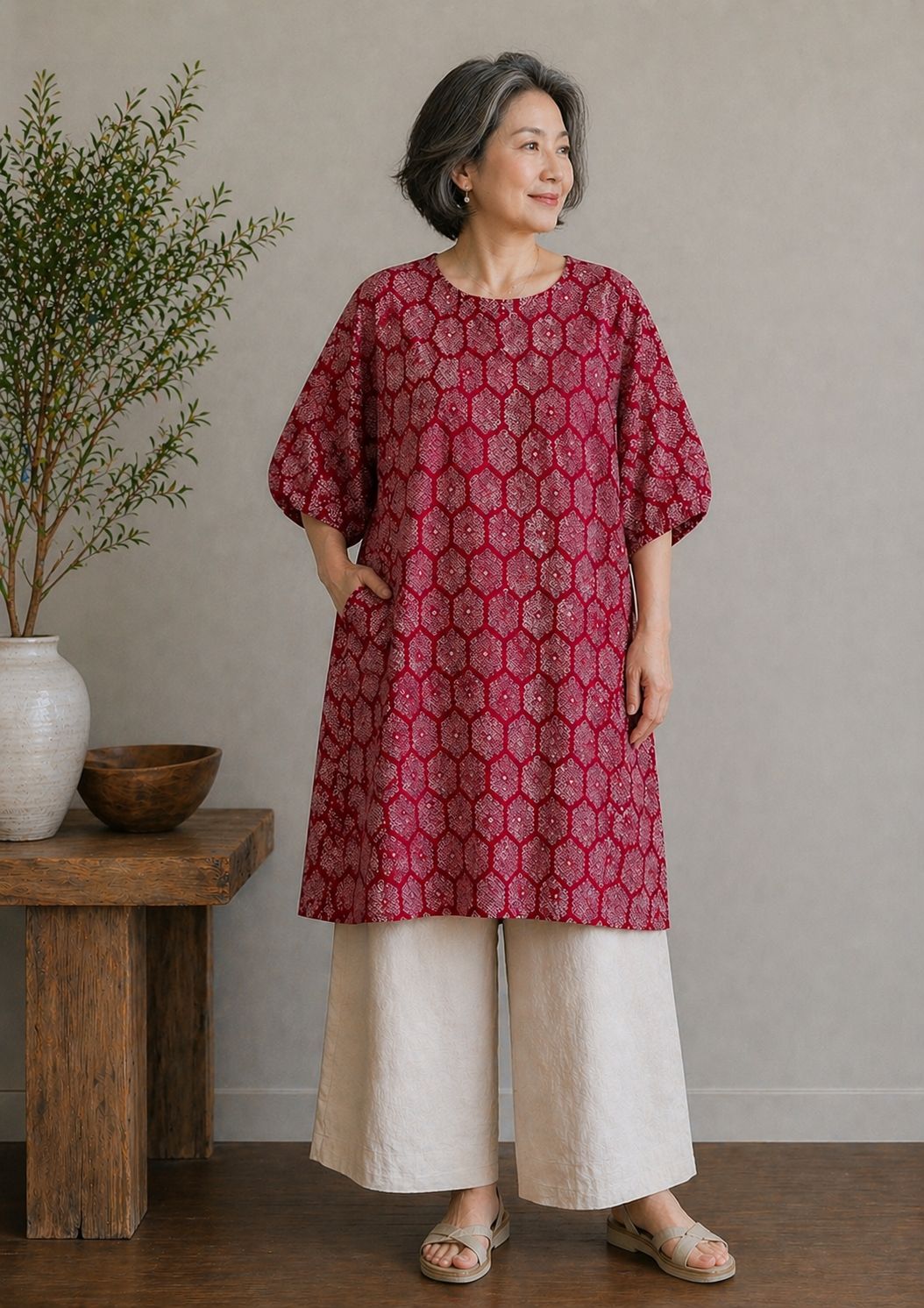 Shibori Silk Tunic Dress with Scarf/Sash