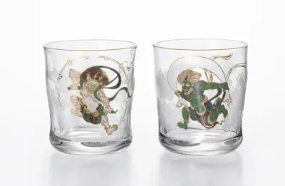 Wind God Thunder God Pair Glass  Set in Wooden Box