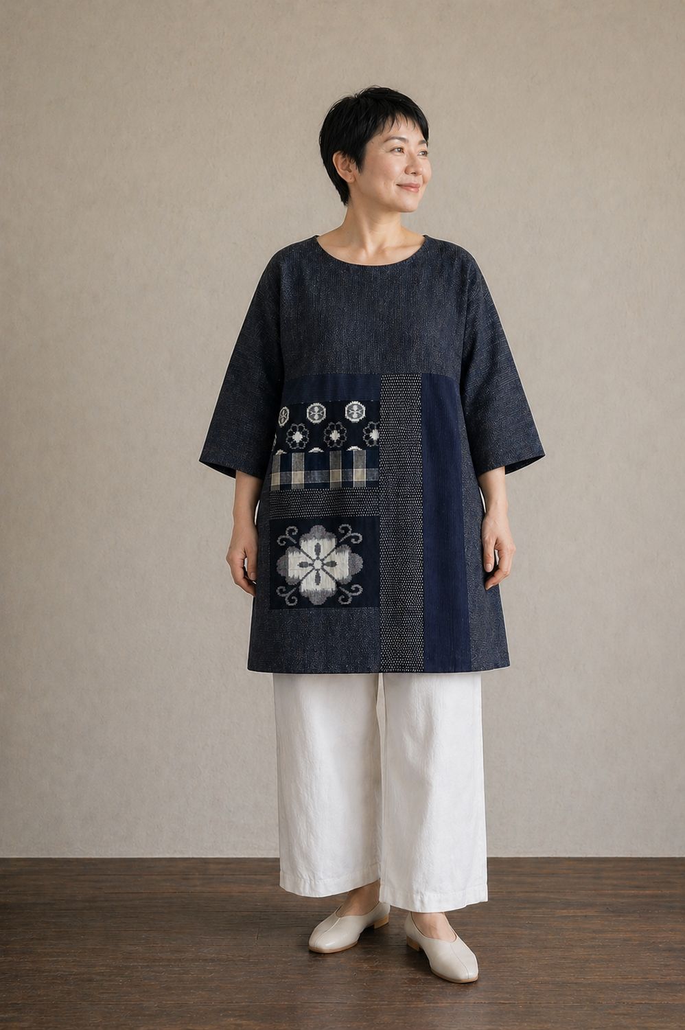 Pictorial Kasuri Cotton Patchwork Tunic Top