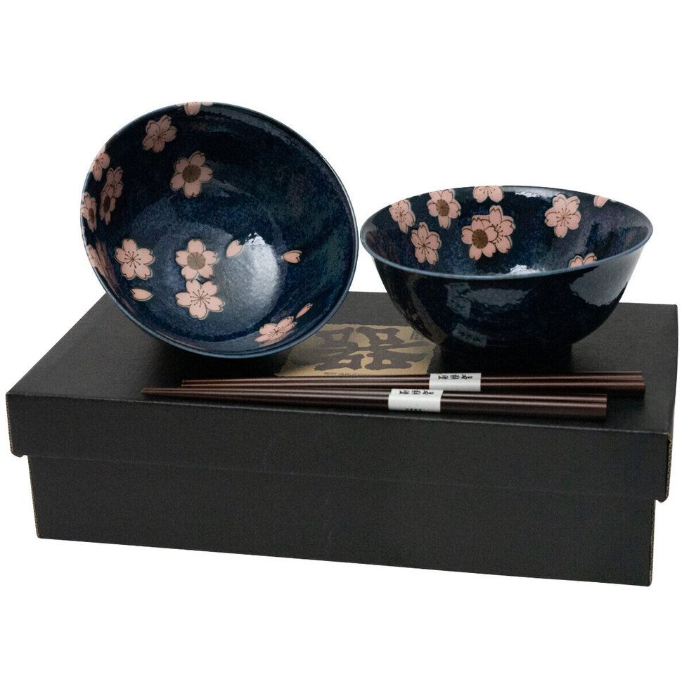 Cherry Blossom 2-Piece Bowl &amp; Chopsticks Set — Navy