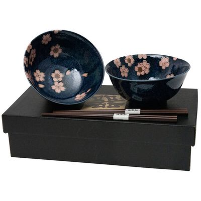 Cherry Blossom 2-Piece Bowl &amp; Chopsticks Set — Navy