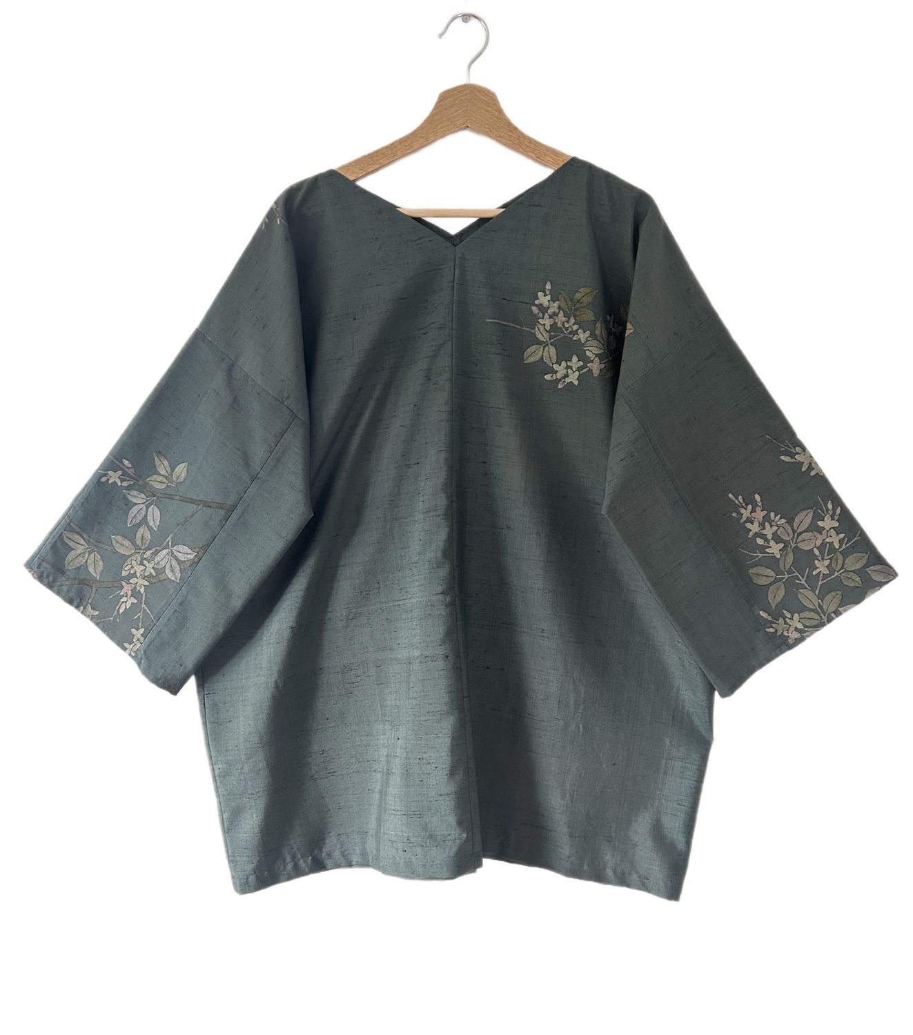 Upcycled Silk Kimono V-Neck Top – Moss Green / Foliage