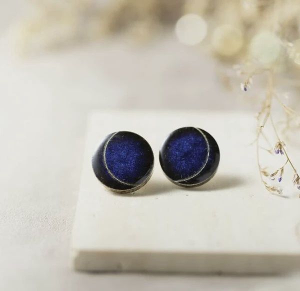 Mino Ware Tile Earrings - Indigo Crescent