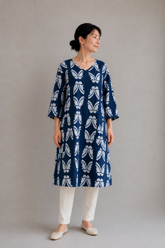 Upcycled Cotton Yukata Tunic/Dress - Butterfly
