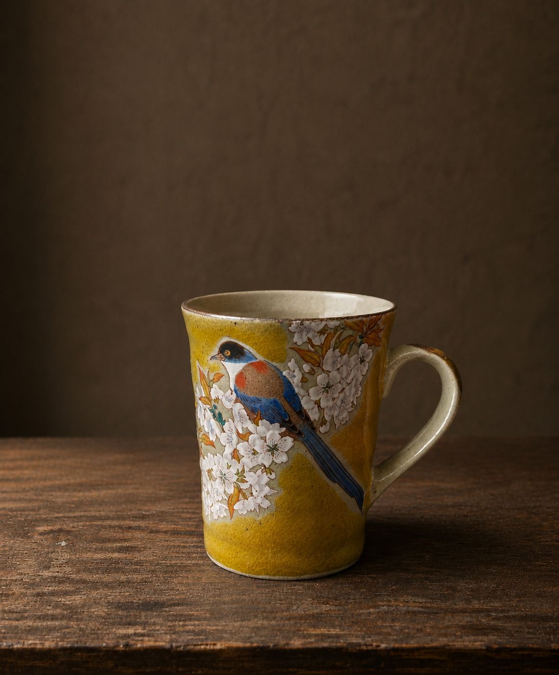 Kutani Ware Mug Cup - Blossoms &amp; Birds/Golden Yellow