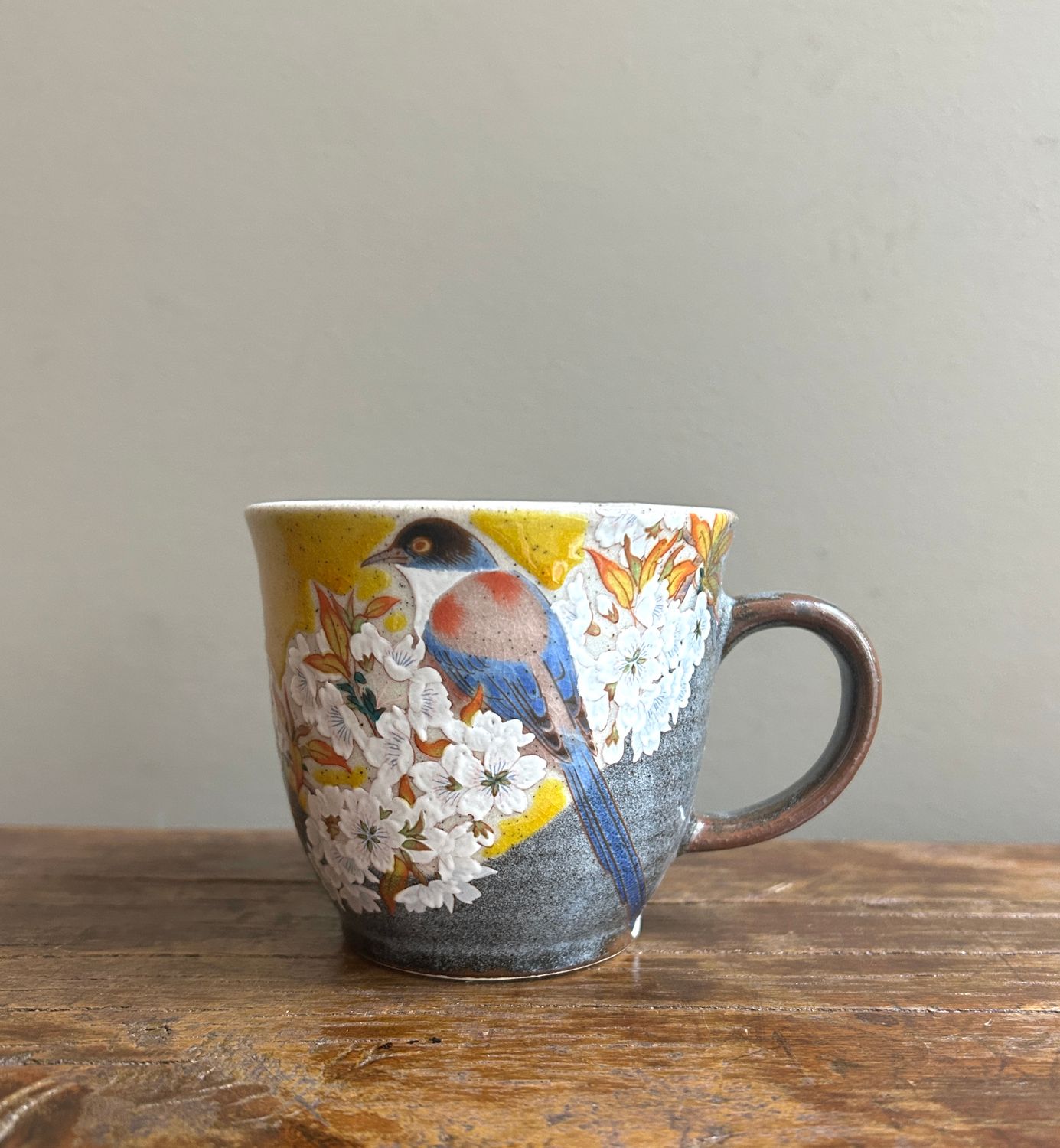 Kutani Ware Mug Cup - Cherry Blossom &amp; Birds/Golden Yellow/Grey