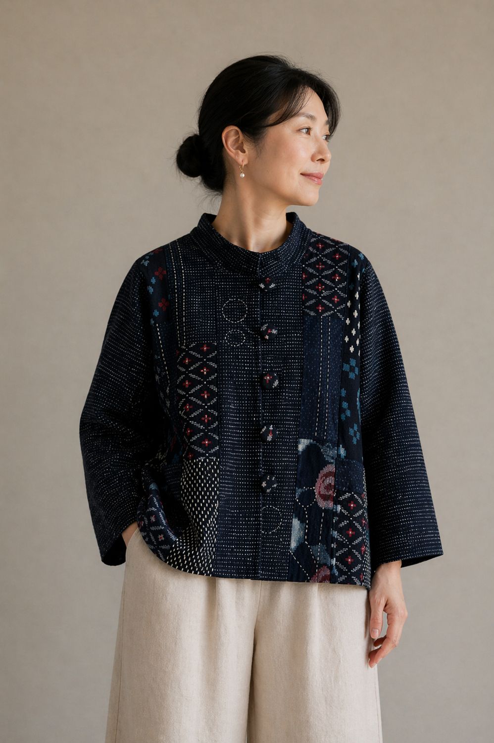 Vintage Kasuri Patchwork Jacket with Sashiko Stitching.