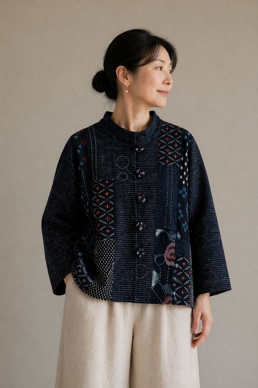 Vintage Kasuri Patchwork Jacket with Sashiko Stitching.
