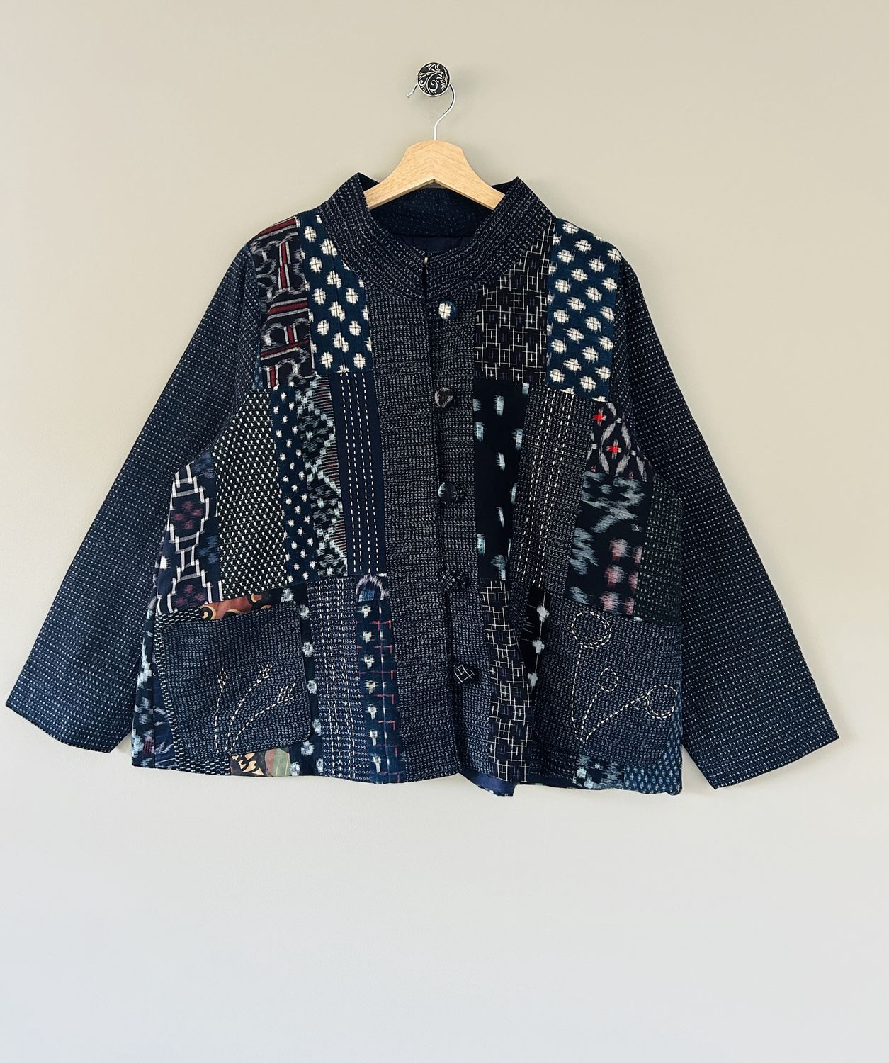 Vintage Kasuri Patchwork Jacket with Sashiko Stitching - Plum Blossom Motif