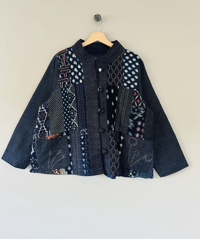 Vintage Kasuri Patchwork Jacket with Sashiko Stitching - Plum Blossom Motif