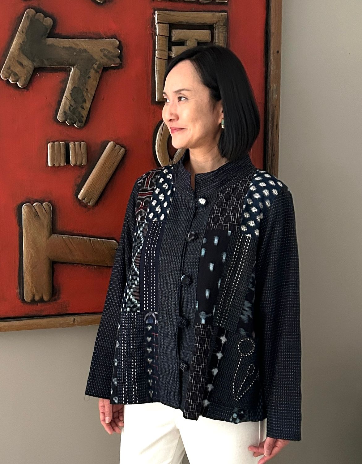 Vintage Kasuri Patchwork Jacket with Sashiko Stitching - Plum Blossom Motif