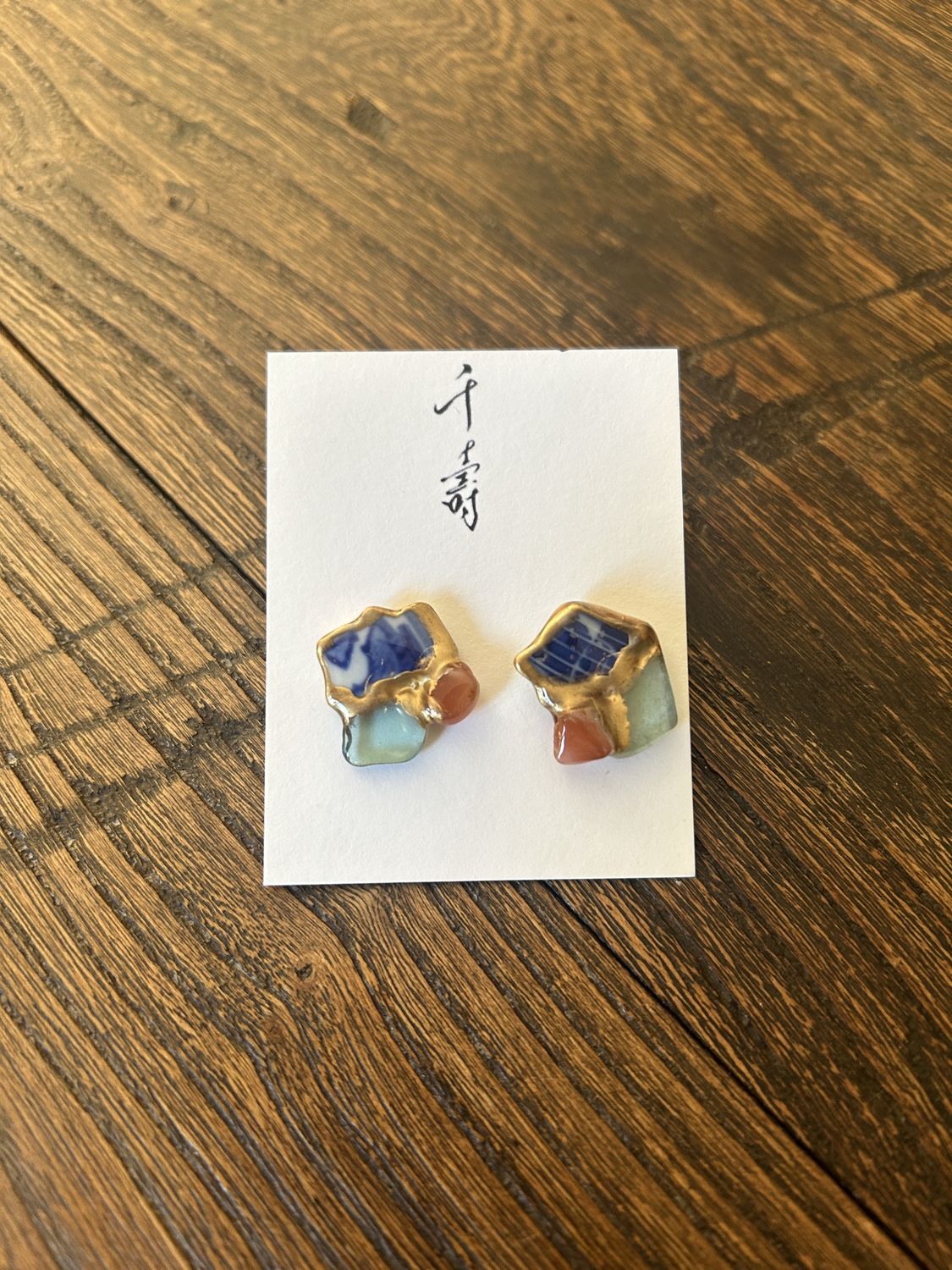 Kintsugi Earrings - Sea Ceramic, Sea Glass &amp; Gem Stone