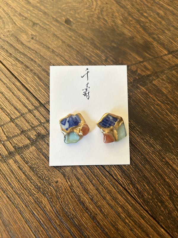 Kintsugi Earrings - Sea Ceramic, Sea Glass &amp; Gem Stone