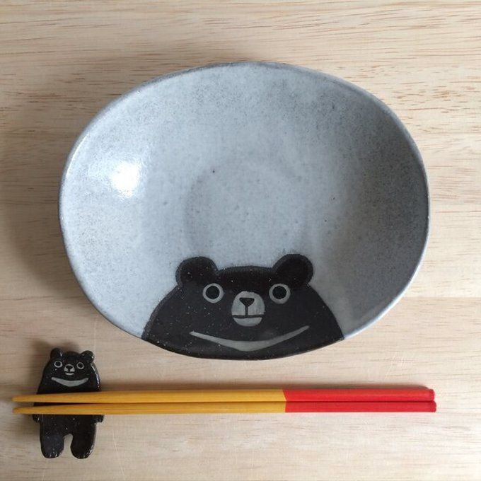Yuki's Moon Bear Oval Plate, Colour: Grey