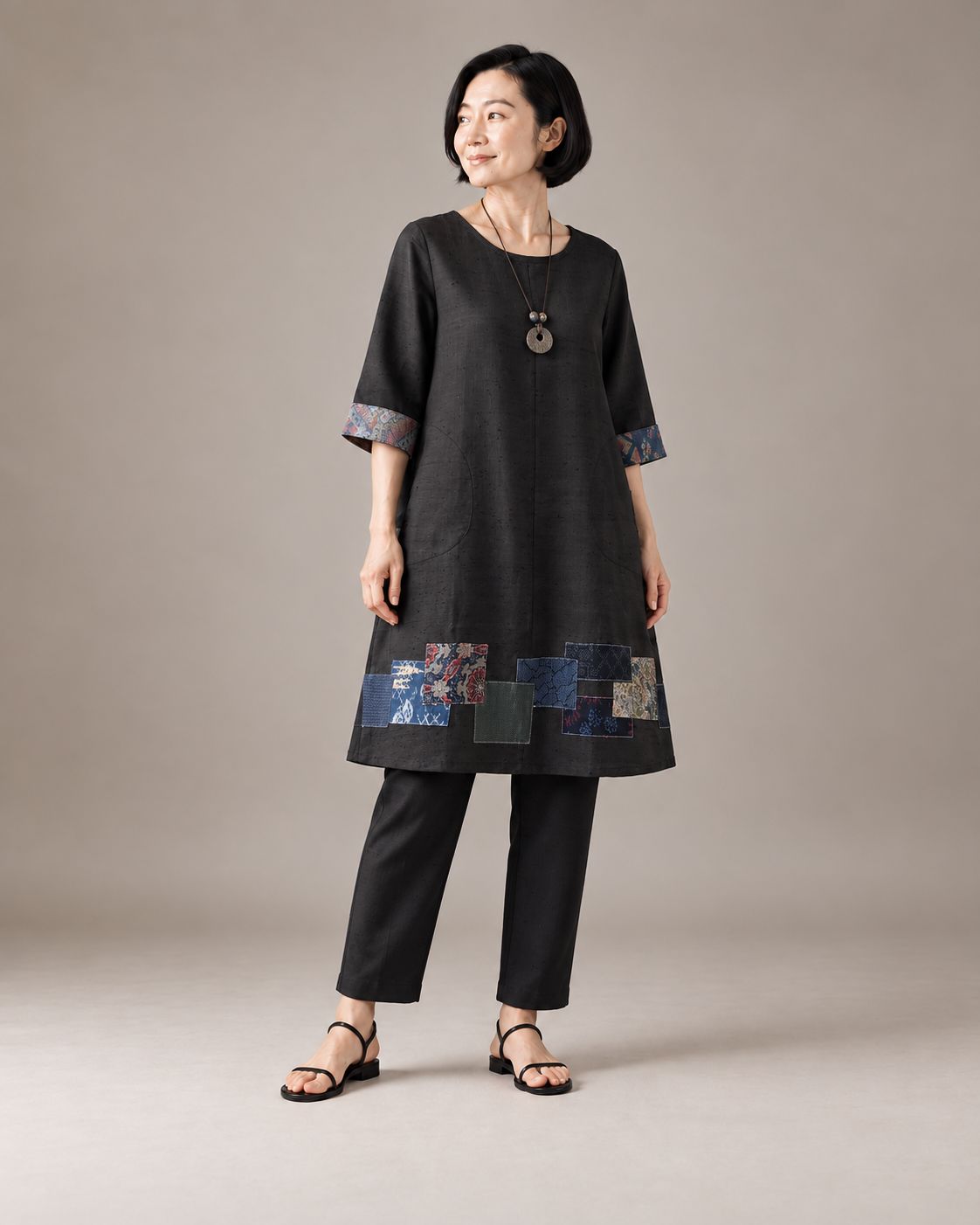 Upcycled Silk Kimono Tunic/Dress - Square Appliqué
