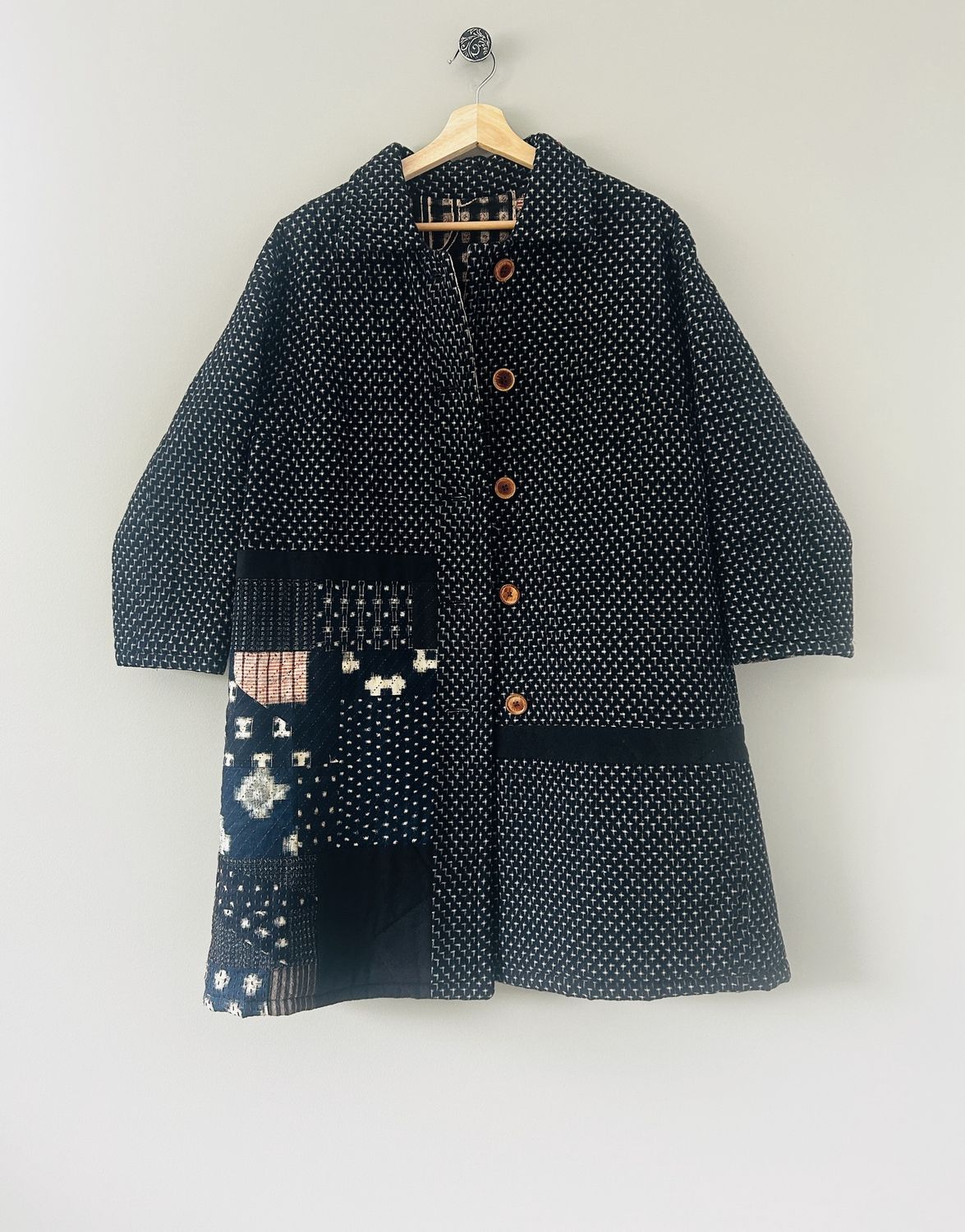 Upcycled Kasuri Cotton Quilted Jacket with Sashiko Stitch Detail