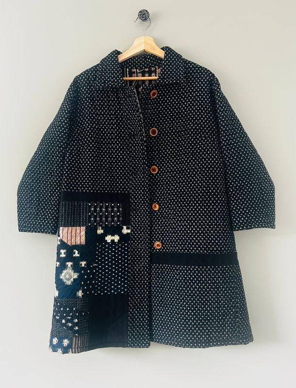 Upcycled Kasuri Cotton Quilted Jacket with Sashiko Stitch Detail