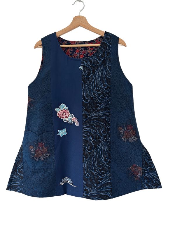 Upcycled Silk Kimono Patchwork Vest - Navy Floral