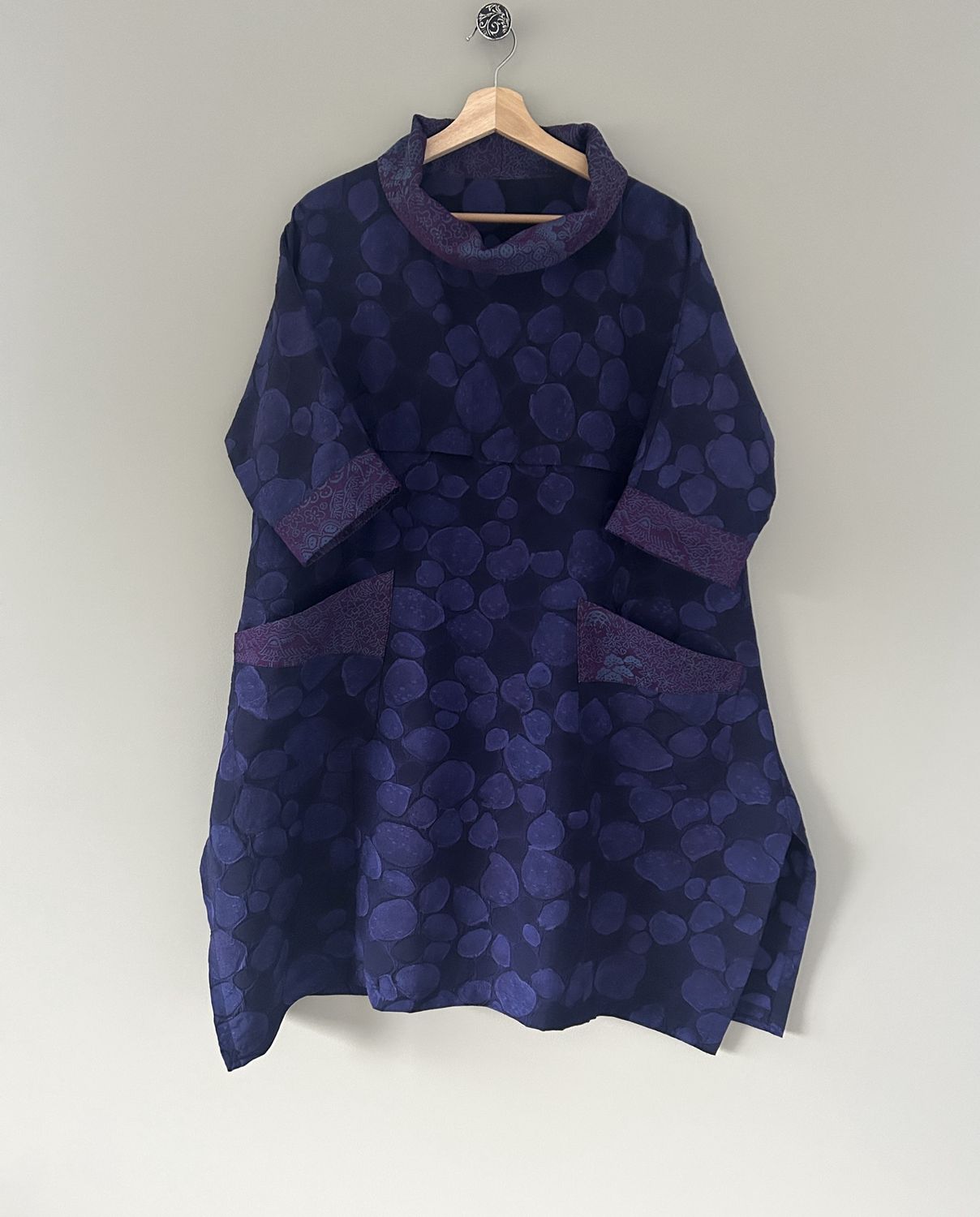 Vintage Silk High-Neck Tunic - Deep Aubergine Pebble Pattern