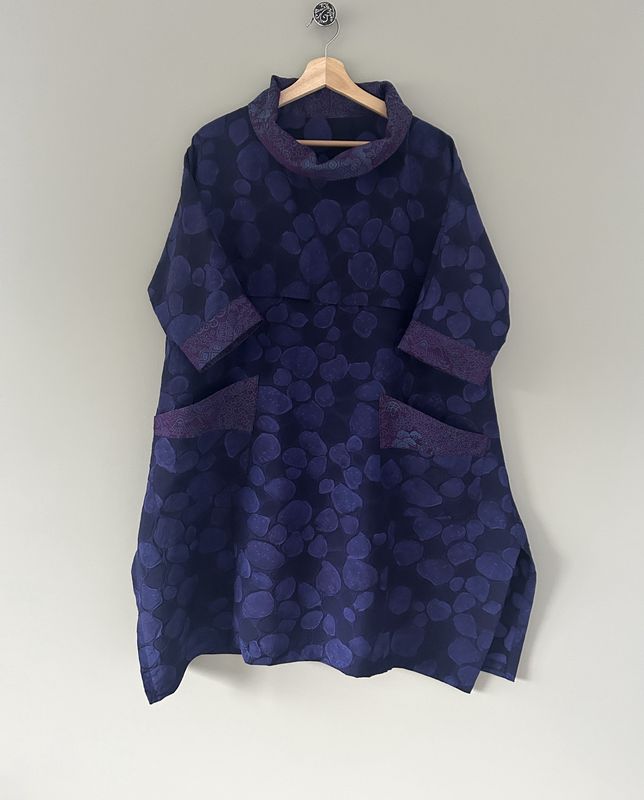 Vintage Silk High-Neck Tunic - Deep Aubergine Pebble Pattern