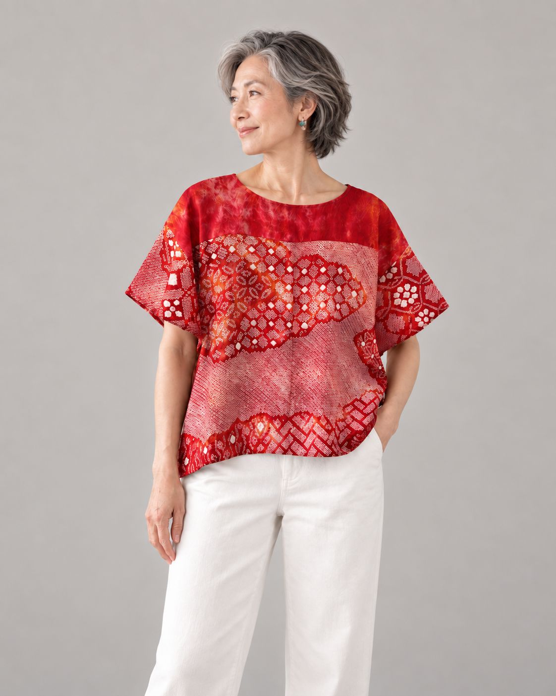Shibori-dyed Silk Blouse - Crimson Floral