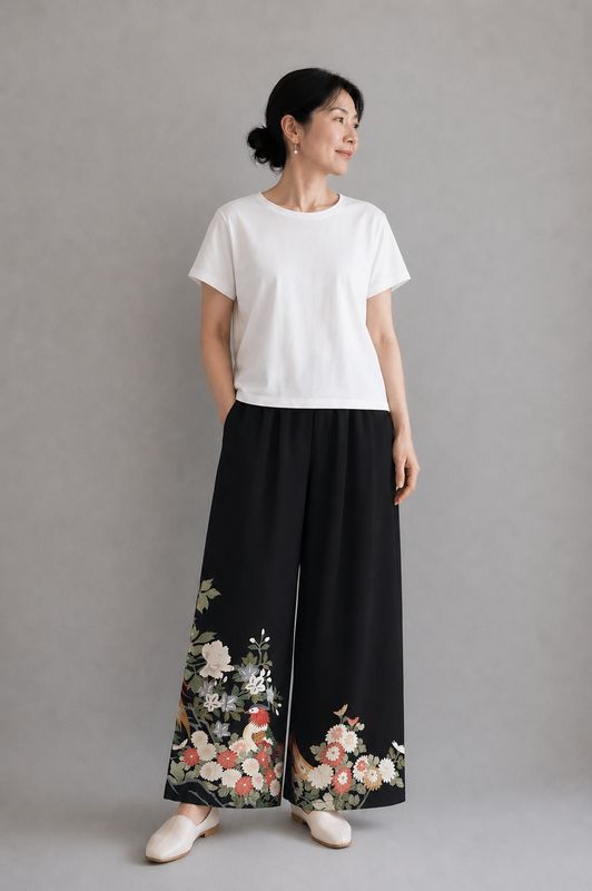 Upcycled Sikl Kimono Pants -Phoenix, Peony &amp; Chrysanthemum