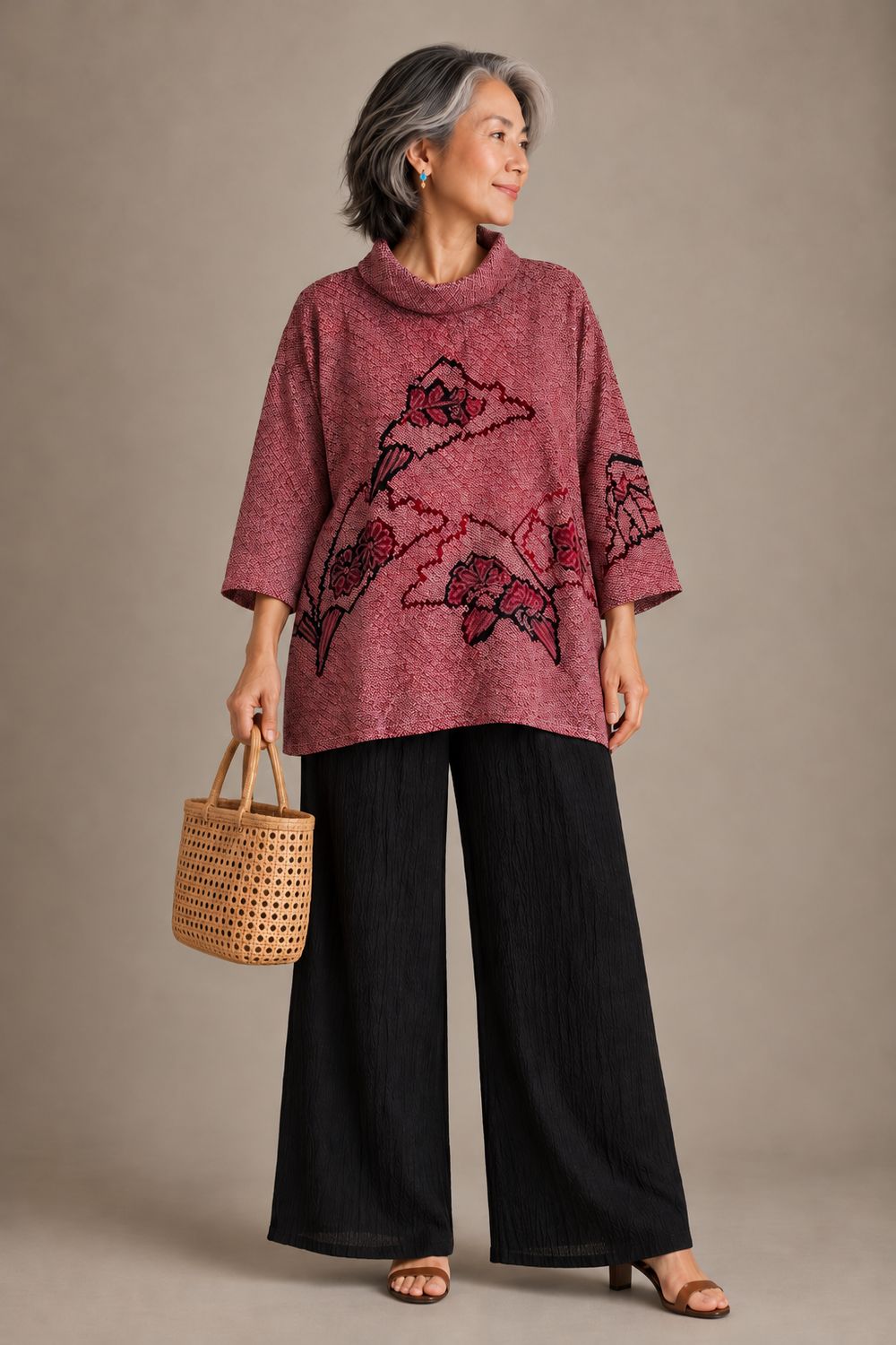 Shibori-Dyed High-Neck Blouse – Dusty Rose Floral Fans
