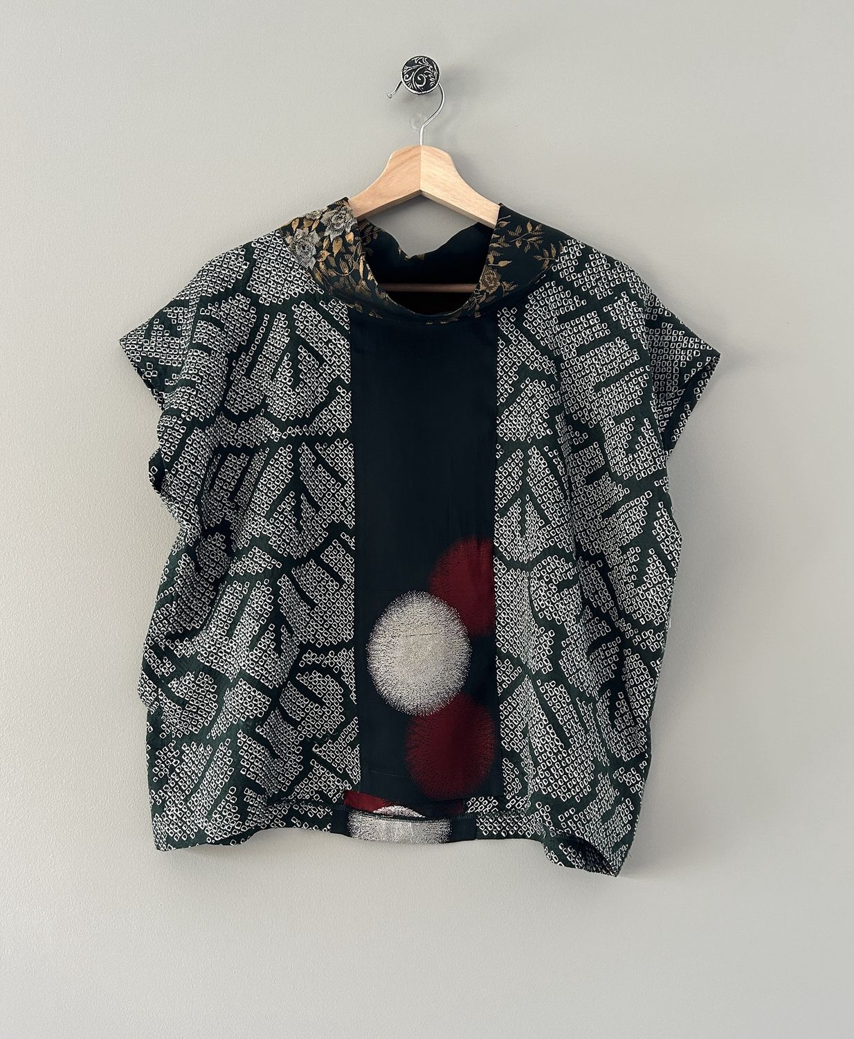 Shibori Dyed Silk High Collar Top - Green