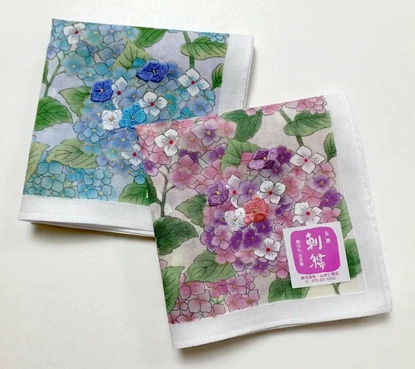 Yuzen Embroidered Handkerchief - Hydrangea