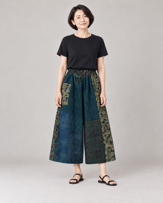 Upcycled Kimono Silk Patchwork Culottes – Forest Foliage