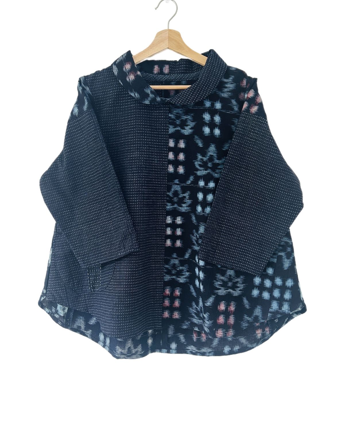 Vintage Kasuri Cotton Blouse with Sashiko Stitching