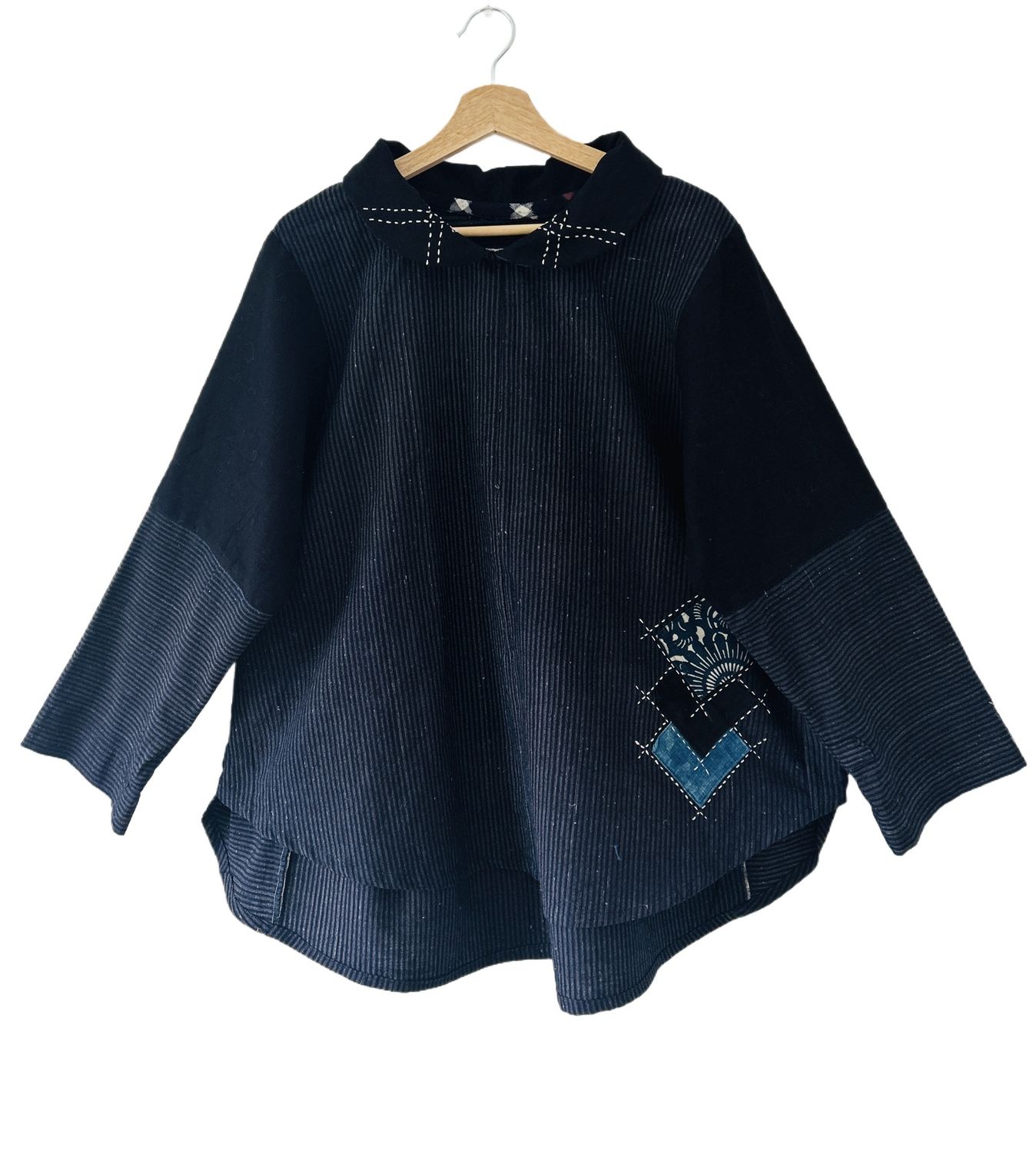 Vintage Kasuri Cotton Blouse with Sashiko Stitching