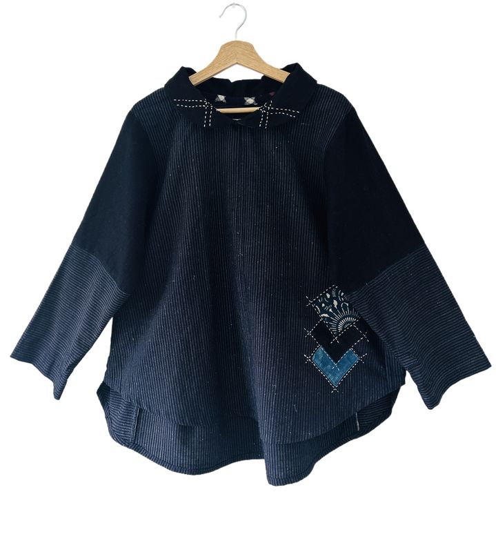 Vintage Kasuri Cotton Blouse with Sashiko Stitching