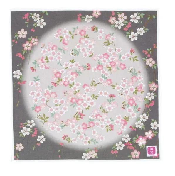 Yuzen Embroidered Handkerchief - Cherry Blossom/Gray