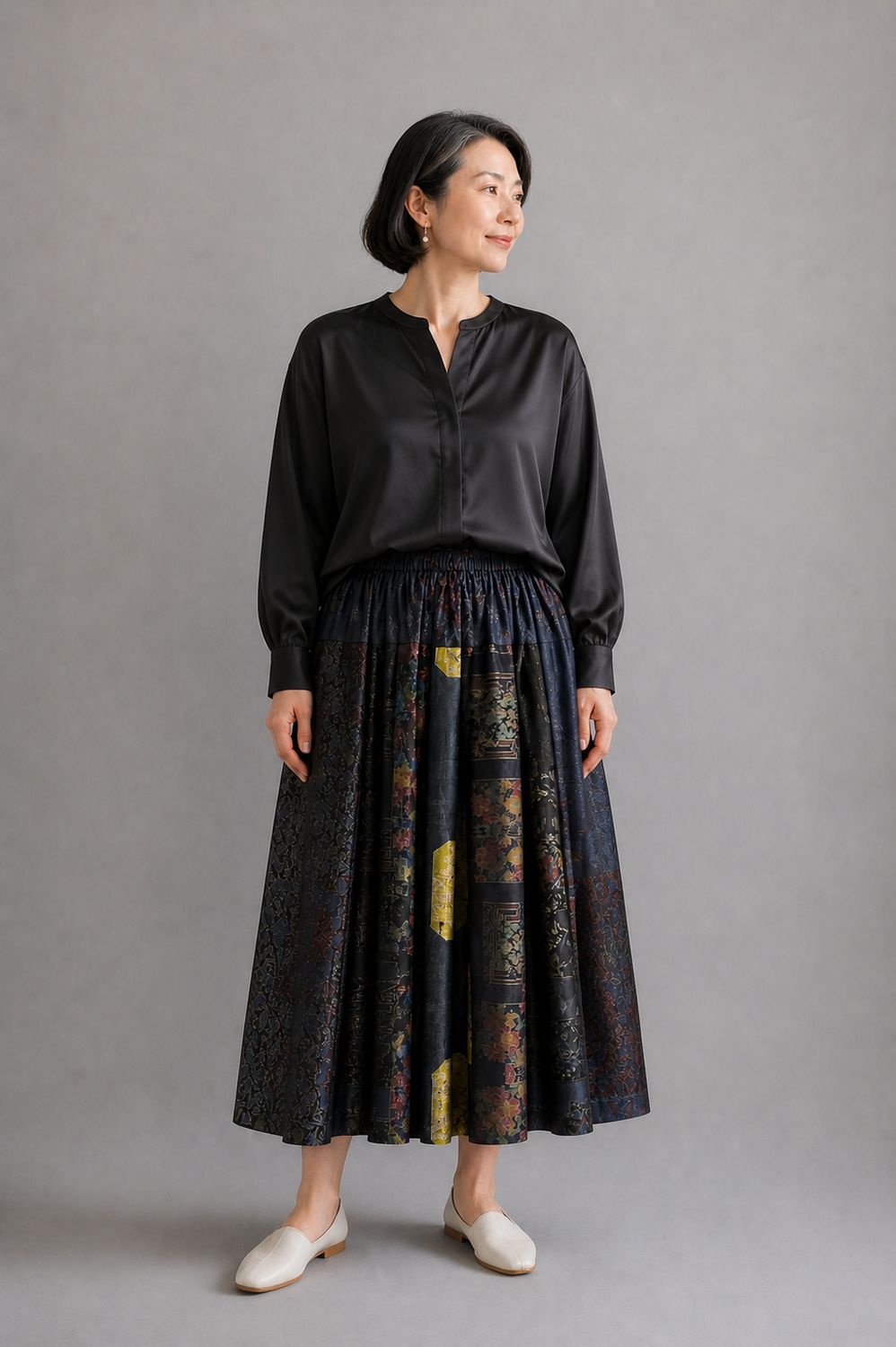 Oshima Silk Panel Skirt with Tucks