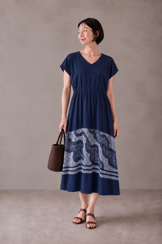 Upcycled  Obi Sash Dress - Navy Silk Tie-dye