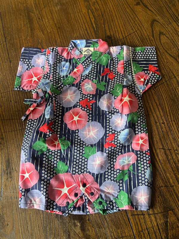 Japanese Jinbei-Style Baby Romper - Morning Glory/Navy 70 cm