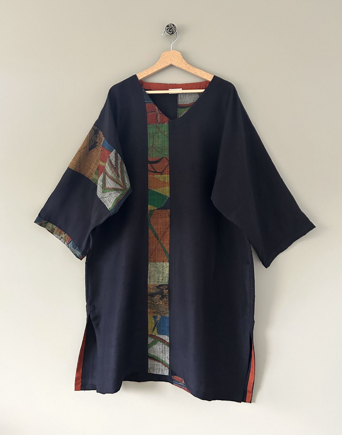 Midnight Blue Silk Tunic Dress with Geometric Accent