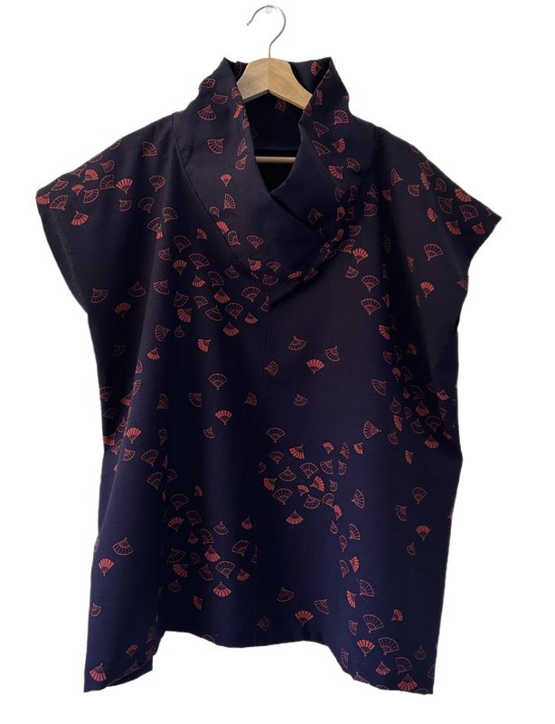 Upcycled Wool High-Neck Top in Navy with Butterflly Motif