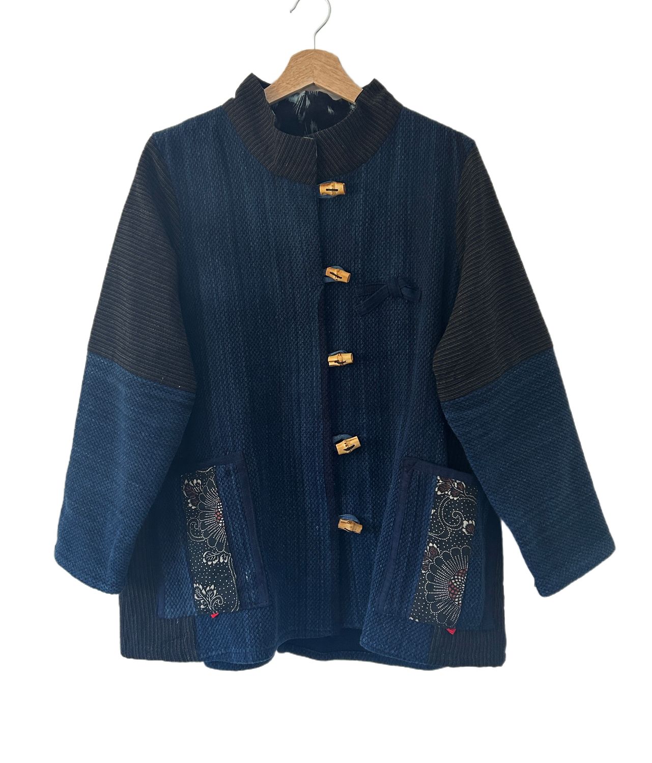 Upcycled Kendo Gear &amp; Kasuri Jaket with Sashiko Stitching - Crane