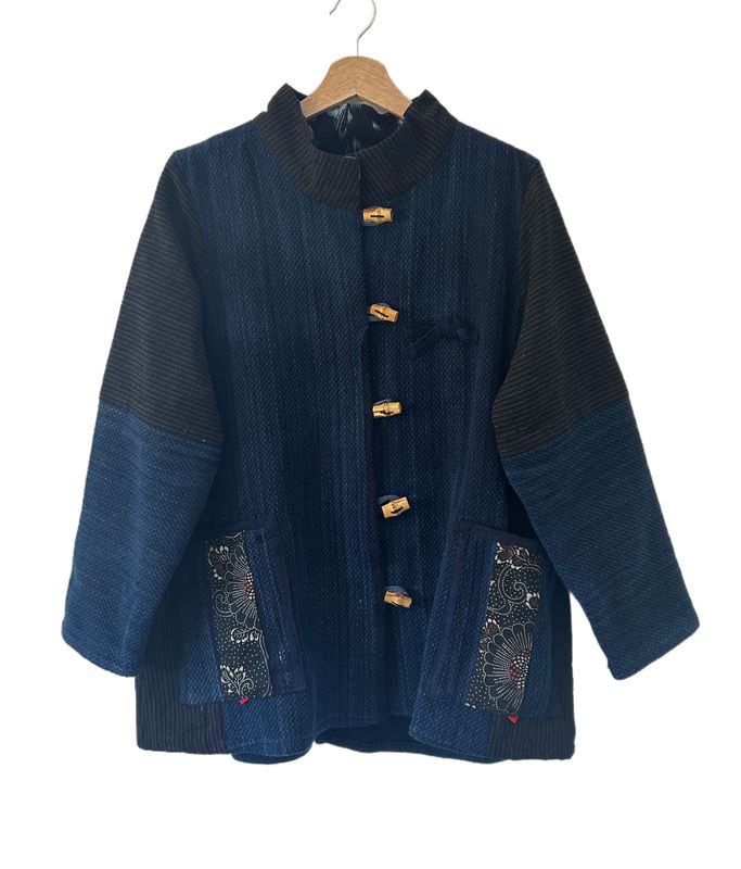 Upcycled Kendo Gear &amp; Kasuri Jaket with Sashiko Stitching - Crane