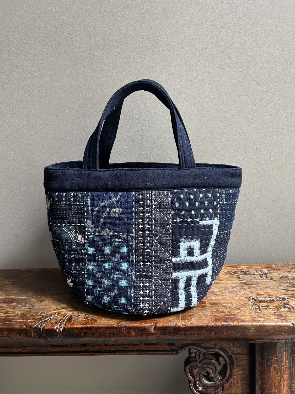 Kasuri Patchwork Bucket Bag with Sashiko Stitching