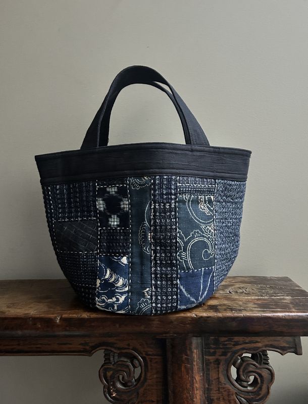Kasuri Patchwork Bucket Bag with Sashiko Stitching