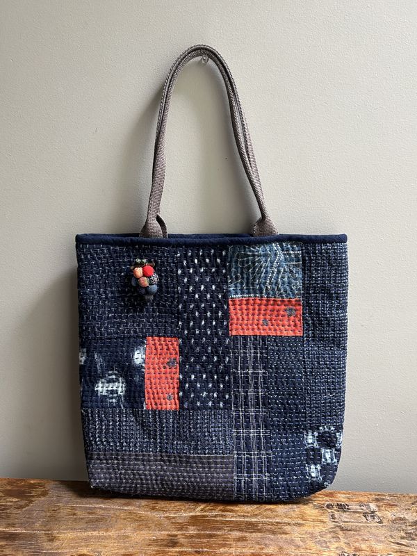 Upcycled Kasuri Cotton Patchwork Tote with Grape Brooch