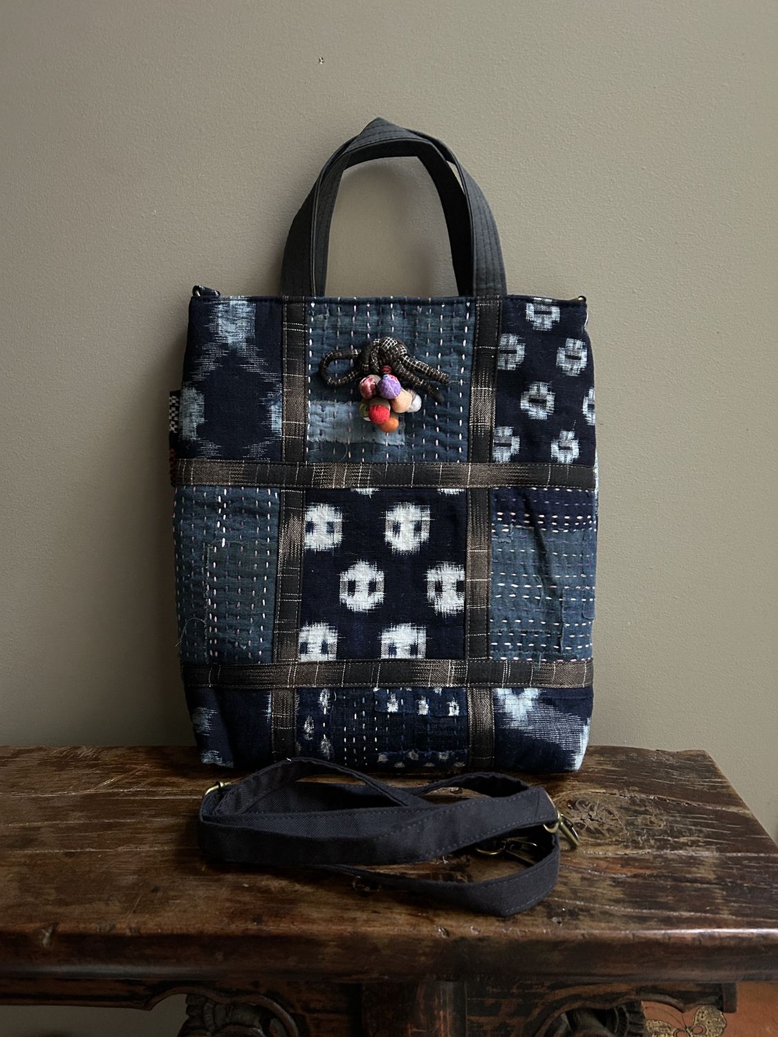 Vintage Kasuri Patchwork Tote /Shoulder Bag with Chestnut Brooch