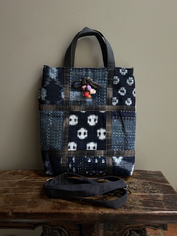 Vintage Kasuri Patchwork Tote /Shoulder Bag with Chestnut Brooch