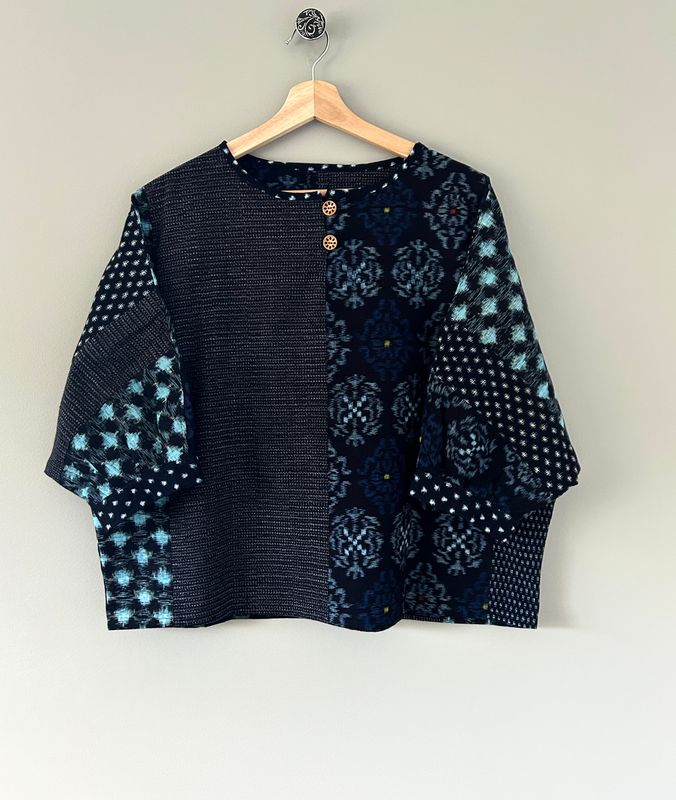 Vintage Kasuri Patchwork Dolman-Sleeve Blouse